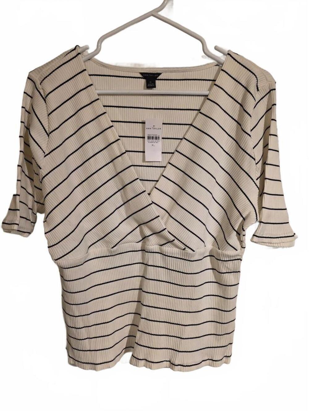 Ann Taylor Women's Black and White Striped Ribbed V-Neck Short Sleeve